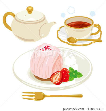 盤子裡的草莓白朗峰和茶具 盤子裡的草莓白朗峰和茶具 118899319