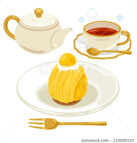 Yellow Mont Blanc on a plate and a tea set 118899320