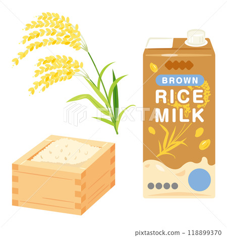 Brown rice in a wooden box and packaged rice milk 118899370