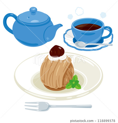 Japanese chestnut Mont Blanc served on a plate and a coffee set 118899378