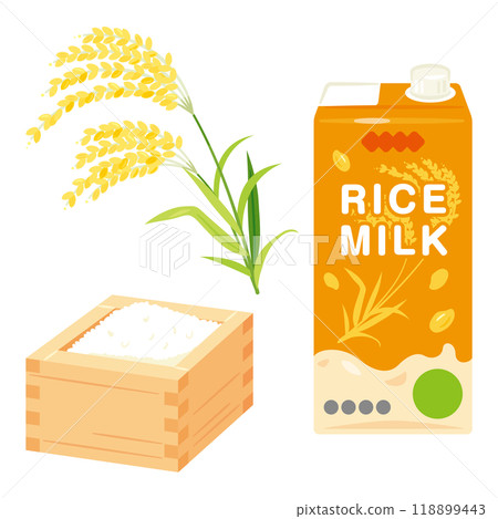 A wooden box of white rice and a package of rice milk 118899443