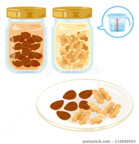 A jar of nuts submerged in water and a plate of nuts A jar of nuts submerged in water and a plate of nuts 118899505
