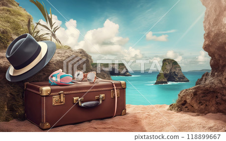 Suitcase with accessories on the sand with a sea background. Travel concept. Generative AI Suitcase with accessories on the sand with a sea background. Travel concept. Generative AI 118899667