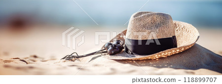 Hat on the sand with a sea background. Travel concept. Generative AI 118899707