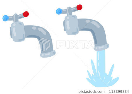 Water tap. Faucet and blue flowing liquid. Plumbing droplet, pour and flow cartoon illustration Water tap. Faucet and blue flowing liquid. Plumbing droplet, pour and flow cartoon illustration 118899884