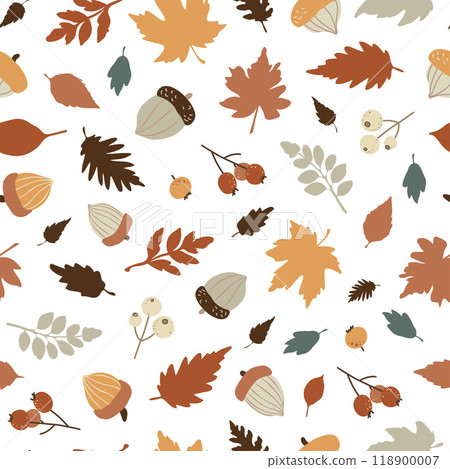 Seamless autumn pattern with leaves, acorns, berries 118900007