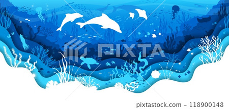 Paper cut underwater landscape with dolphins, seaweeds and animal silhouettes, vector background. Sea or ocean life of undersea with papercut turtle, jellyfish and whales or stingray in water waves Paper cut underwater landscape with dolphins, seaweeds and animal silhouettes, vector background. Sea or ocean life of undersea with papercut turtle, jellyfish and whales or stingray in water waves 118900148