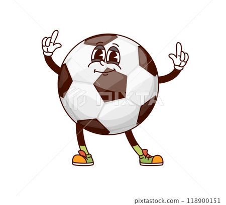 Soccer ball groovy character. Isolated cartoon vector retro sport personage with happy face and raised fingers, captures the joy and excitement of football game, showcasing a sporty and funky vibe 118900151