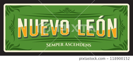 Nuevo Leon estrado or state of Mexico. Vector travel plate, vintage sign, retro postcard design. Mexican territory plaque with motto semper ascendens and ornament, tourist memories card 118900152