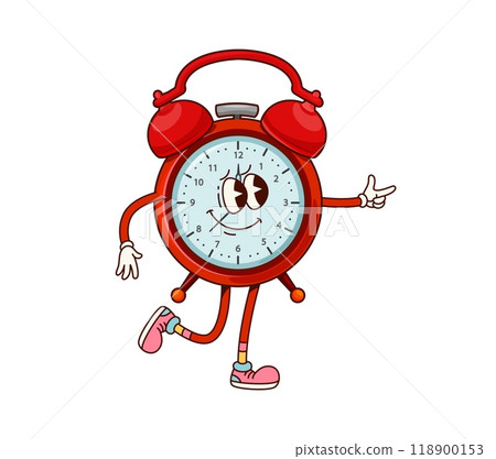 School alarm clock groovy character. Cartoon vector cheerful retro personage in stylish shoes conveys a sense of fun and punctuality for time management, school routines, and lively morning starts 118900153