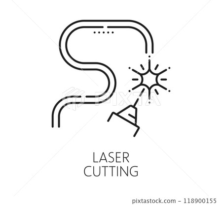 Laser cutting manufacture industry line icon. Laser marking metalwork industry linear symbol, steel cutting production technology or CNC engraving manufacture equipment line vector icon or pictogram 118900155