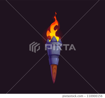 Medieval fire torch game asset. Cartoon vector ancient flambeau with burning fire. Isolated tribal, flaming torchlight or lighting lantern glowing in the darkness, torch on wooden decorated handle 118900156