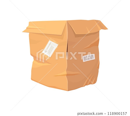 Damaged and crumpled cardboard delivery box. Isolated cartoon vector package is broken and ripped. Crashed carton container with stickers and barcodes, indicating mishandling during shipping transit 118900157