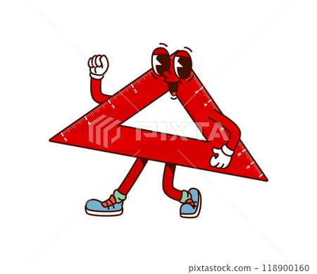 School ruler groovy character. Isolated cartoon vector educational measuring item for learning geometry or math. Retro red protractor tool, nostalgic, old-school, classroom personage with smiling face School ruler groovy character. Isolated cartoon vector educational measuring item for learning geometry or math. Retro red protractor tool, nostalgic, old-school, classroom personage with smiling face 118900160