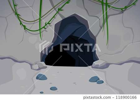 Cave entrance nestled in rocky terrain, adorned with hanging green vines, evokes a sense of mystery and adventure. Cartoon vector natural environment background for game, book, or exploration theme 118900166