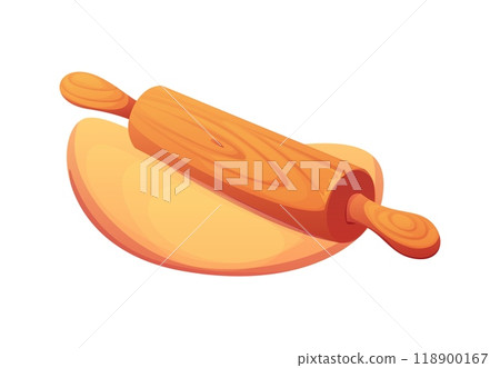 Wooden rolling pin on flattened dough representing cooking process and food preparation for baking. Cartoon vector culinary, recipe, and kitchen theme empathizes tradition and homemade food creation 118900167