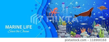 Save the ocean banner with underwater landscape and sea animals. Vector 3d paper cut emphasizing ocean conservation, marine life and underwater ecosystem filled with colorful sea creatures and plants Save the ocean banner with underwater landscape and sea animals. Vector 3d paper cut emphasizing ocean conservation, marine life and underwater ecosystem filled with colorful sea creatures and plants 118900168
