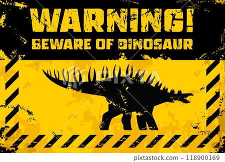 Dinosaur warning metal sign board with dino lizard for danger zone caution, vector banner. Danger area warning signboard with spiked spine dinosaur silhouette on grunge background in hazard frame Dinosaur warning metal sign board with dino lizard for danger zone caution, vector banner. Danger area warning signboard with spiked spine dinosaur silhouette on grunge background in hazard frame 118900169