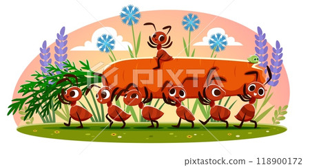 Cartoon ant characters carry a long carrot. Vector summertime scene with happy ant insects working together surrounded by a vibrant nature setting with blooming wild flowers, green grass and plants Cartoon ant characters carry a long carrot. Vector summertime scene with happy ant insects working together surrounded by a vibrant nature setting with blooming wild flowers, green grass and plants 118900172