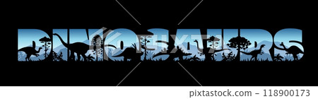 Dinosaurs jungle sunset silhouettes with prehistoric Jurassic lizards, vector cutout letters. Giant lizards and dinosaur silhouettes in forest valley for dino park, paleontology museum or encyclopedia 118900173