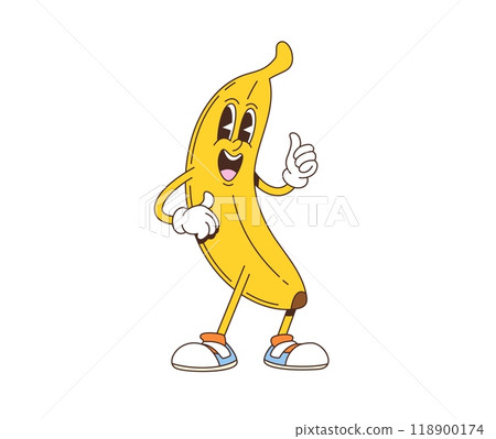 Cartoon retro groovy banana fruit character with smiling face. Fun and playful tropical fruit personage showing thumbs-up, promotes healthy lifestyle, natural nutrition with a vintage nostalgic vibe 118900174