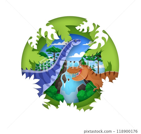 Paper cut banner with prehistoric dinosaur characters of Jurassic lizard of T-rex, vector background. Dino world atlas book cover with funny cartoon dinosaurs in jungle forest for dino encyclopedia 118900176