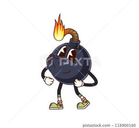 Groovy bomb character with burning wick. Isolated cartoon vector explosive weapon retro personage with expressive eyes and vintage sneakers, cheerfully whistling fun melody as its fuse ignites Groovy bomb character with burning wick. Isolated cartoon vector explosive weapon retro personage with expressive eyes and vintage sneakers, cheerfully whistling fun melody as its fuse ignites 118900180