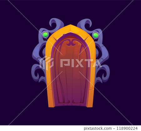 Magic gate door or fantasy portal for game asset with mystery arch, cartoon vector. Portal door or parallel world entrance with wooden doorway and fairy tale fantasy stone arch for game asset Magic gate door or fantasy portal for game asset with mystery arch, cartoon vector. Portal door or parallel world entrance with wooden doorway and fairy tale fantasy stone arch for game asset 118900224