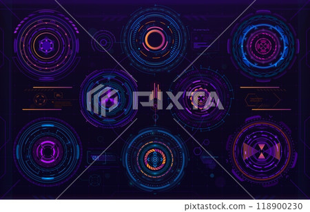 Futuristic circular digital HUD or Sci Fi elements, vector dashboard controls. HUD data screen or digital UI virtual infographic and circular graph elements for interface of future Sci Fi technology Futuristic circular digital HUD or Sci Fi elements, vector dashboard controls. HUD data screen or digital UI virtual infographic and circular graph elements for interface of future Sci Fi technology 118900230