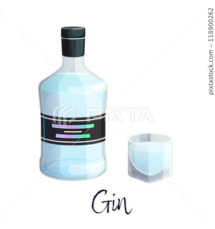 Gin alcohol bottle and a glass for bar menu. Cartoon vector crystal-clear and elegantly labeled, bottle with a short glass nearby, filled with clear liquid promising a refreshing, aromatic experience 118900262