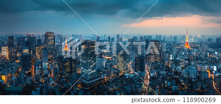 City skyline, night view with illuminated buildings 118900269