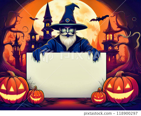 Funny cartoon sorcerer holding frame with copy space against halloween old castle background. AI generated. 118900297