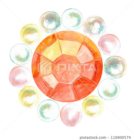 Pearl beads surrounding orange crystal half sphere faceted gem hand-painted in watercolor. Brooch for necklace from precious pearls stringing in the round shape. Illustration drawn of mother-of-pearl 118900574