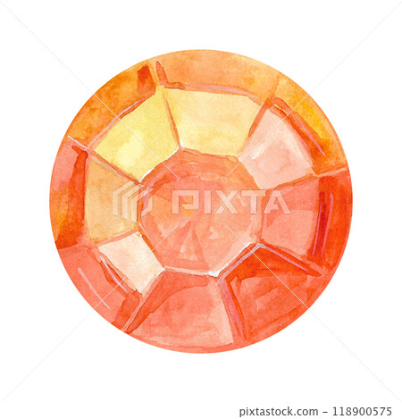 Crystal half sphere faceted gem hand painted in watercolor. Precious faceted shine stone in the round shape in orange color. Illustration can be used as a decoration of jewelry, pendants, rings 118900575