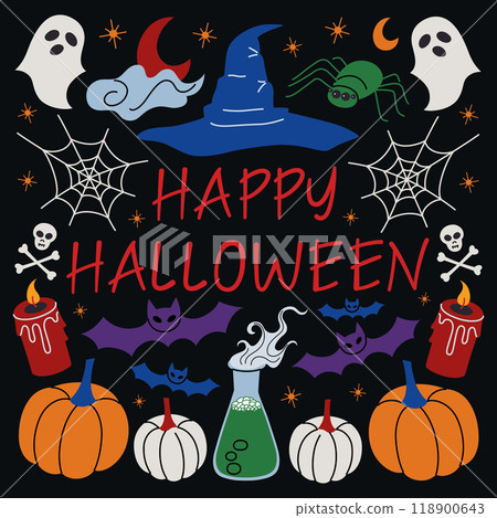 Halloween greeting card in flat cartoon style. Vector illustrations of spooky elements like ghosts, bats, pumpkins, spider webs, witch hat. Halloween poster design, web banner with festive decoration 118900643