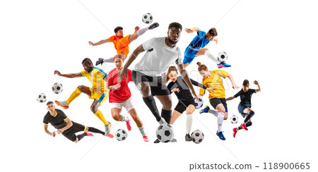 Creative collage. Competitive and determined people, athletes of different sports in motion, practicing isolated on white background 118900665