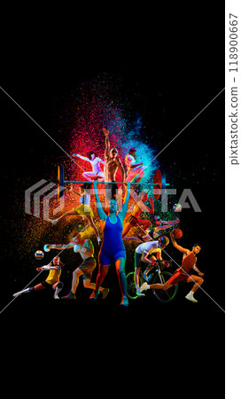 Creative collage. Vertical image with various athletes in motion, practicing, performing different sports on black background with colorful splashes 118900667