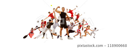 Creative collage. Power and endurance. Dynamic image of young people practicing different kind of sports isolated on white background 118900668
