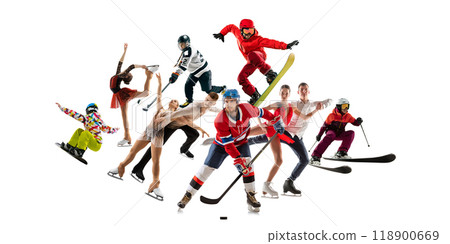 Winter sports aesthetics. Dynamic creative collage. People, men and women performing various winter sports isolated on white background. 118900669