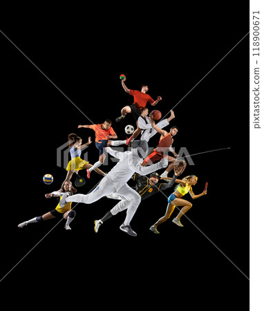 Creative dynamic collage with men and women in motion, practicing different kind of sports isolate don black background. Creative dynamic collage with men and women in motion, practicing different kind of sports isolate don black background. 118900671