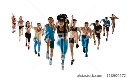 Muscular and athletic men and women, runners in motion, taking part in marathon isolated on white background. Creative collage. Muscular and athletic men and women, runners in motion, taking part in marathon isolated on white background. Creative collage. 118900672