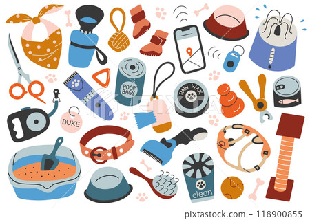 Vector illustration set of pet accessories and supply in flat cartoon style. Collars, leashes, grooming tools, bowls for cats and dogs. Toys for puppies. Pet care, animal products collection 118900855