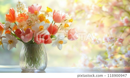 This spring bouquet showcases colorful tulips, daffodils, and delicate cherry blossoms, beautifully arranged in a clear glass vase. This spring bouquet showcases colorful tulips, daffodils, and delicate cherry blossoms, beautifully arranged in a clear glass vase. 118900947
