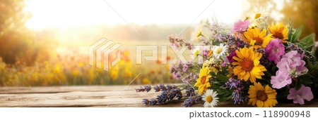 Wildflowers including vibrant daisies, cheerful sunflowers, and fragrant lavender are arranged in a rustic bouquet during golden hour. Wildflowers including vibrant daisies, cheerful sunflowers, and fragrant lavender are arranged in a rustic bouquet during golden hour. 118900948