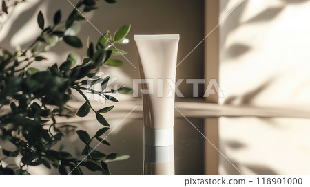 The cream tube stands upright, reflecting softly in a mirror, surrounded by lush greenery and warm sunlight filtering through. The cream tube stands upright, reflecting softly in a mirror, surrounded by lush greenery and warm sunlight filtering through. 118901000