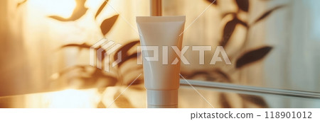 A tube of cream is centered on a reflective surface, capturing soft light that shines through the surrounding foliage. A tube of cream is centered on a reflective surface, capturing soft light that shines through the surrounding foliage. 118901012