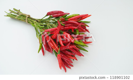 Raw chili peppers on stems Raw chili peppers on stems 118901102