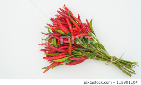 Raw chili peppers on stems 118901104