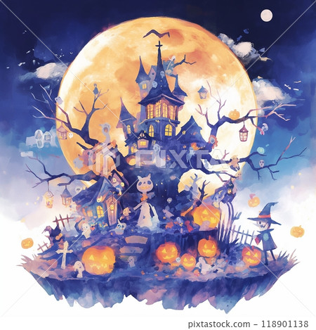 Spooky Castle and Full Moon in Halloween Night 118901138