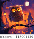 Funny Cute Owl on Branch in Halloween Night 118901139